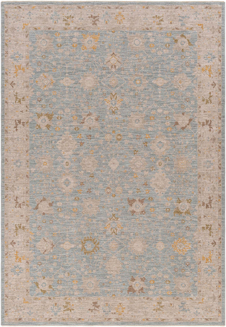Detailed view of the Kofi Thick Luxe Area Rug with amber, brown, olive, gray, mustard, and taupe floral pattern. Design-Rectangle-6796