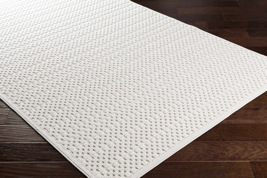 Close-up of the Kirkburton Beige Outdoor Rug showing its textured, contemporary design and light beige and charcoal colors. Corner