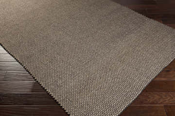 Close-up of the beige and charcoal Kirksville Flatweave Wool & Viscose Rug showing its woven texture on dark wood flooring. Corner