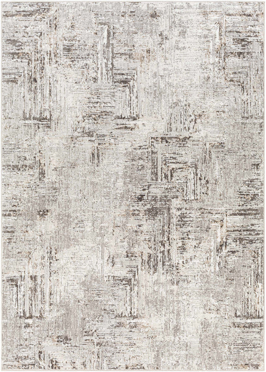 Close-up of the Kutloanong Area Rug. Contemporary design in charcoal, gray, and ivory hues. Machine woven polyester texture. Design-Rectangle-537