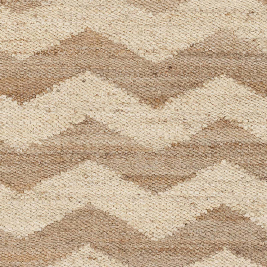 Close-up of Ladybank Jute Carpet showing beige and tan chevron pattern and natural jute texture. Swatch