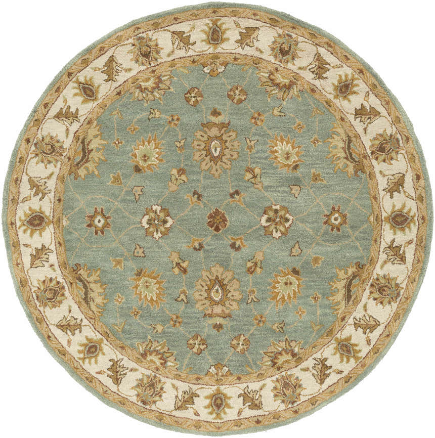 Close-up of round Lagrange Sage Regency wool carpet. Features floral pattern in sage, tan, and cream colors. Hand-tufted texture. Design-Round-6