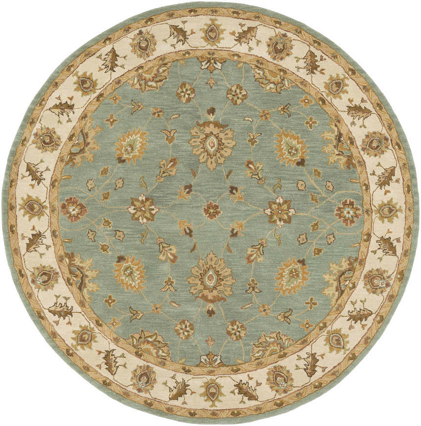 Close-up of a round Lagrange Sage Regency wool carpet with a floral pattern in sage, beige, and brown. Design-Round-8