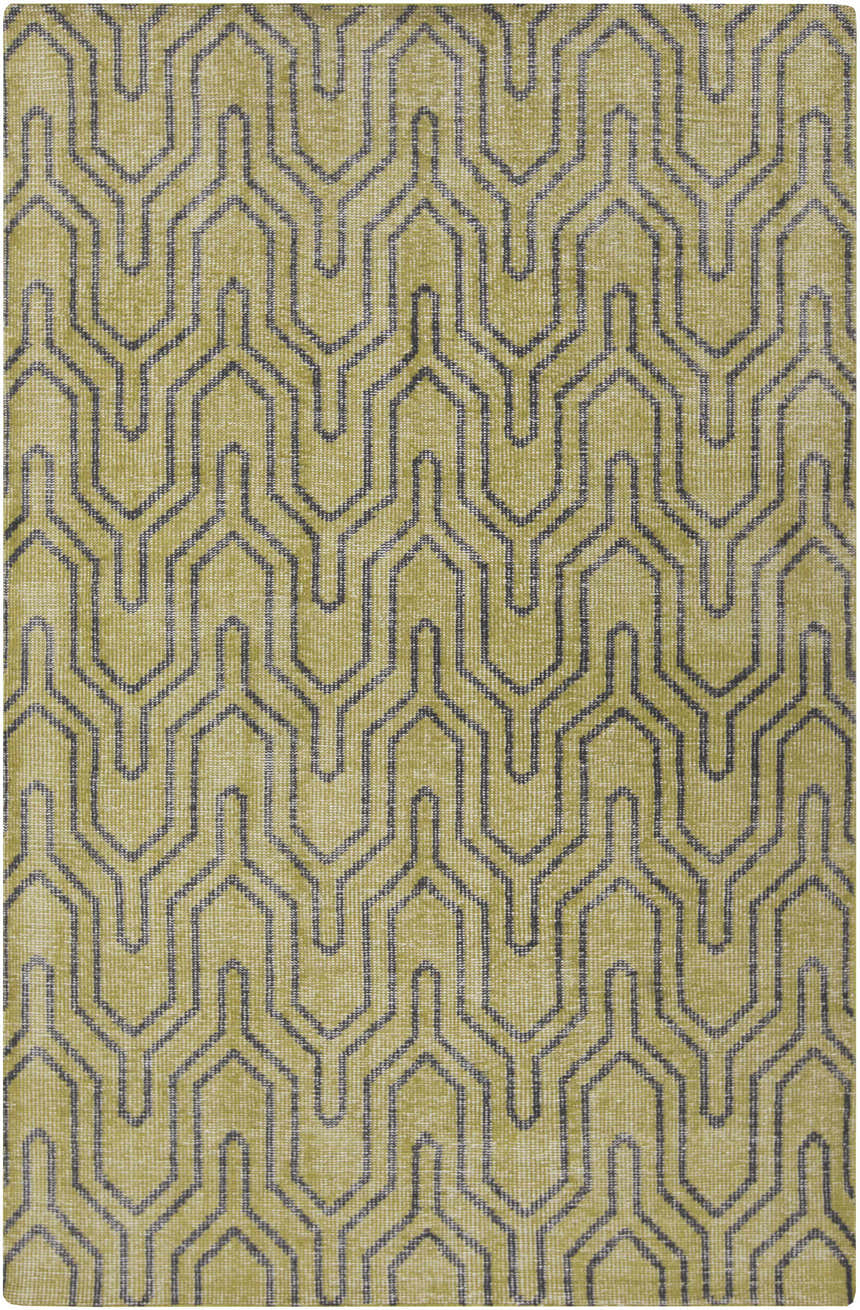 Close-up of the Larchmont Area Rug, a green wool rug with a black geometric pattern. Hand-knotted construction. Design-Rectangle-5686