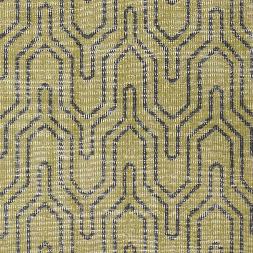 Close-up of the Larchmont Area Rug, a hand-knotted wool rug in green with a black geometric pattern. Swatch