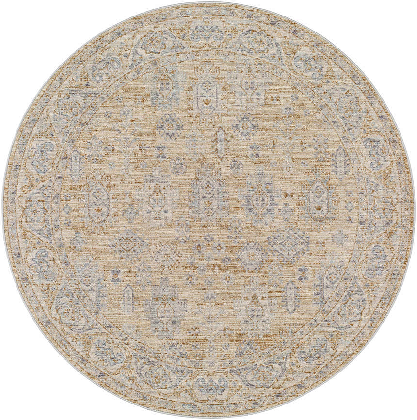 Detailed round Coby Cream Avant Garde rug with a traditional oriental pattern in cream, brown, and dusty sage. Design-Round-53