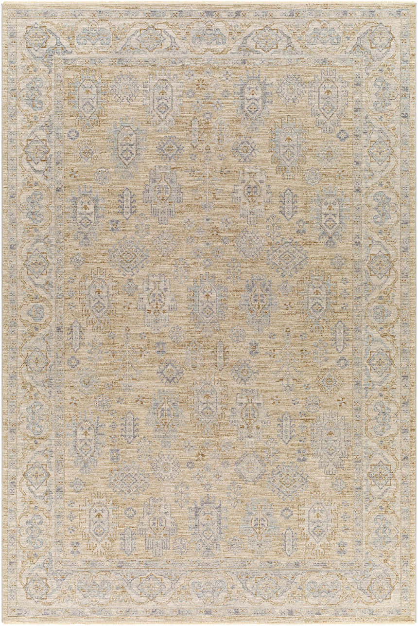 Close-up of the Coby Cream Avant Garde rug. Features a traditional pattern with brown, teal, and gray accents. Luxe, thick texture. Design-Rectangle-6796