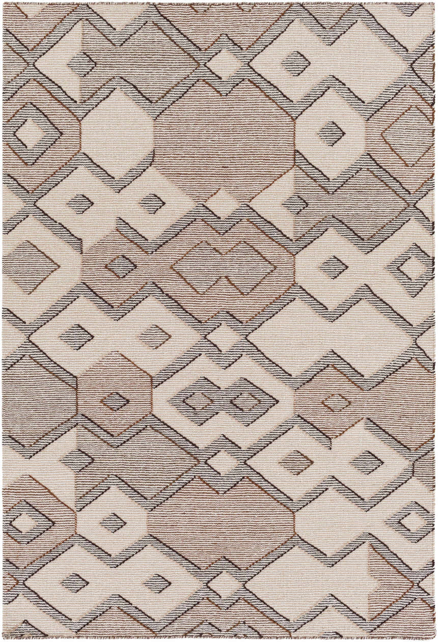 Close-up of the Latonia Area Carpet. Hand-woven wool rug with a geometric pattern in ivory, tan, and brown. Design-Rectangle-576