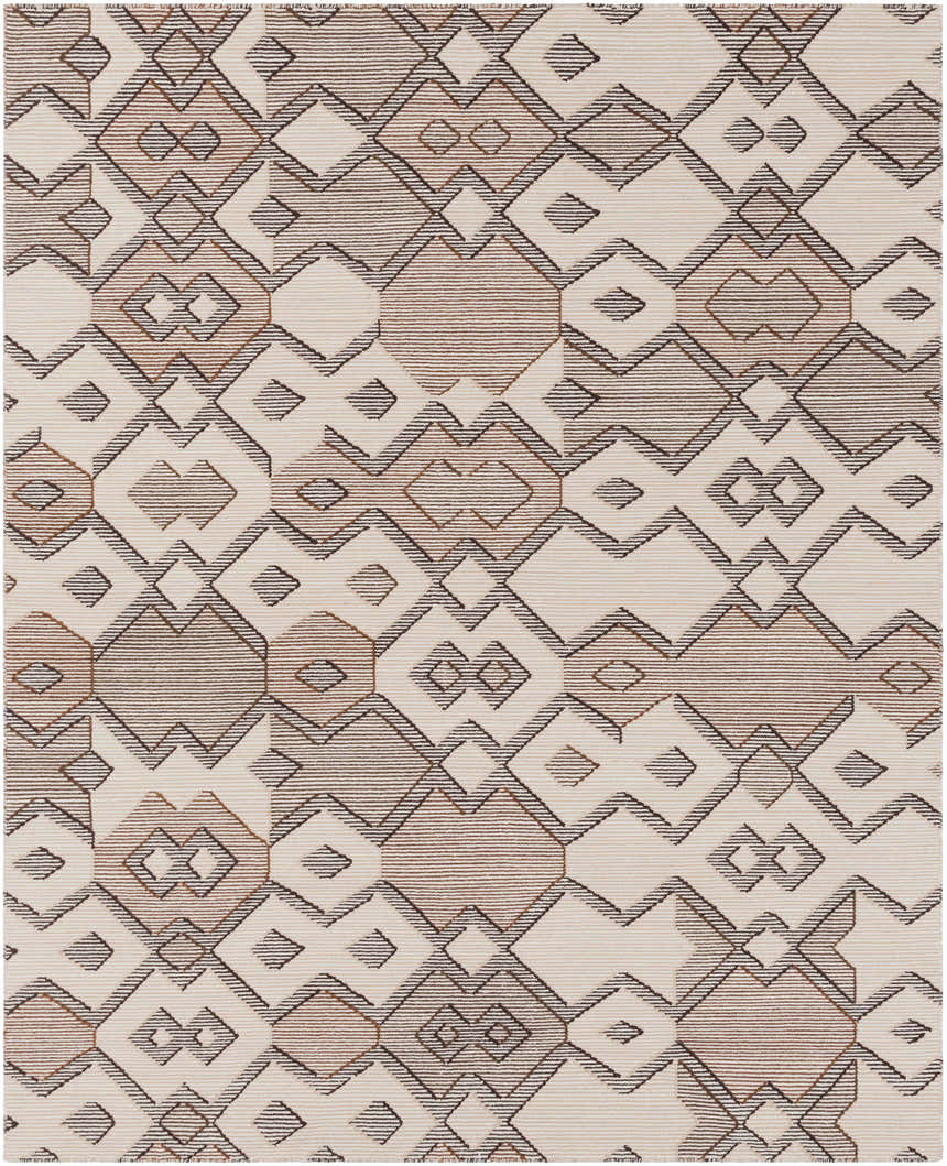 Close-up of the Latonia Area Carpet. Hand woven wool rug with a contemporary geometric pattern in brick red, brown, ivory, and tan. Design-Rectangle-810