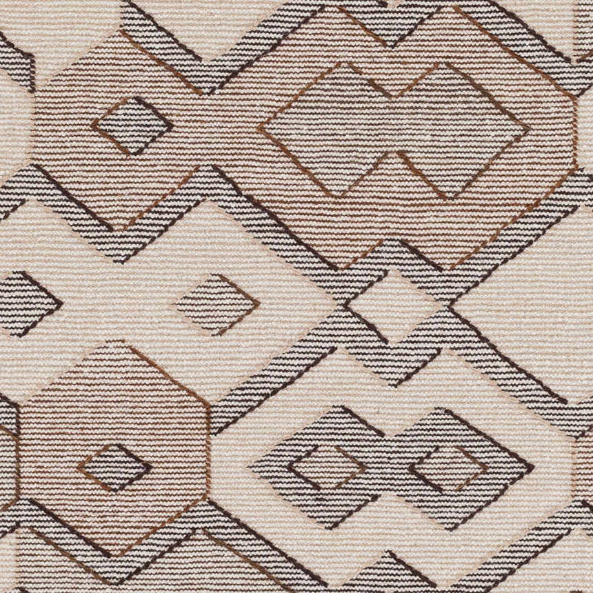 Close-up of Latonia Area Carpet showing a geometric pattern in ivory, tan, and dark brown hues. Hand-woven wool texture. Swatch