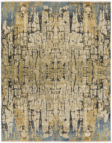 Close-up of the contemporary Latour Carpet. Hand-knotted rug with blue, olive, and taupe colors and a unique cracked texture. Design-Rectangle-810