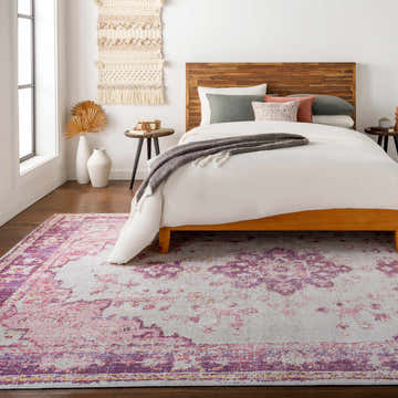 Bohemian bedroom with Laureldale Area Rug. Gray, lavender, and purple vintage style rug under bed. Roomscene-Rectangle