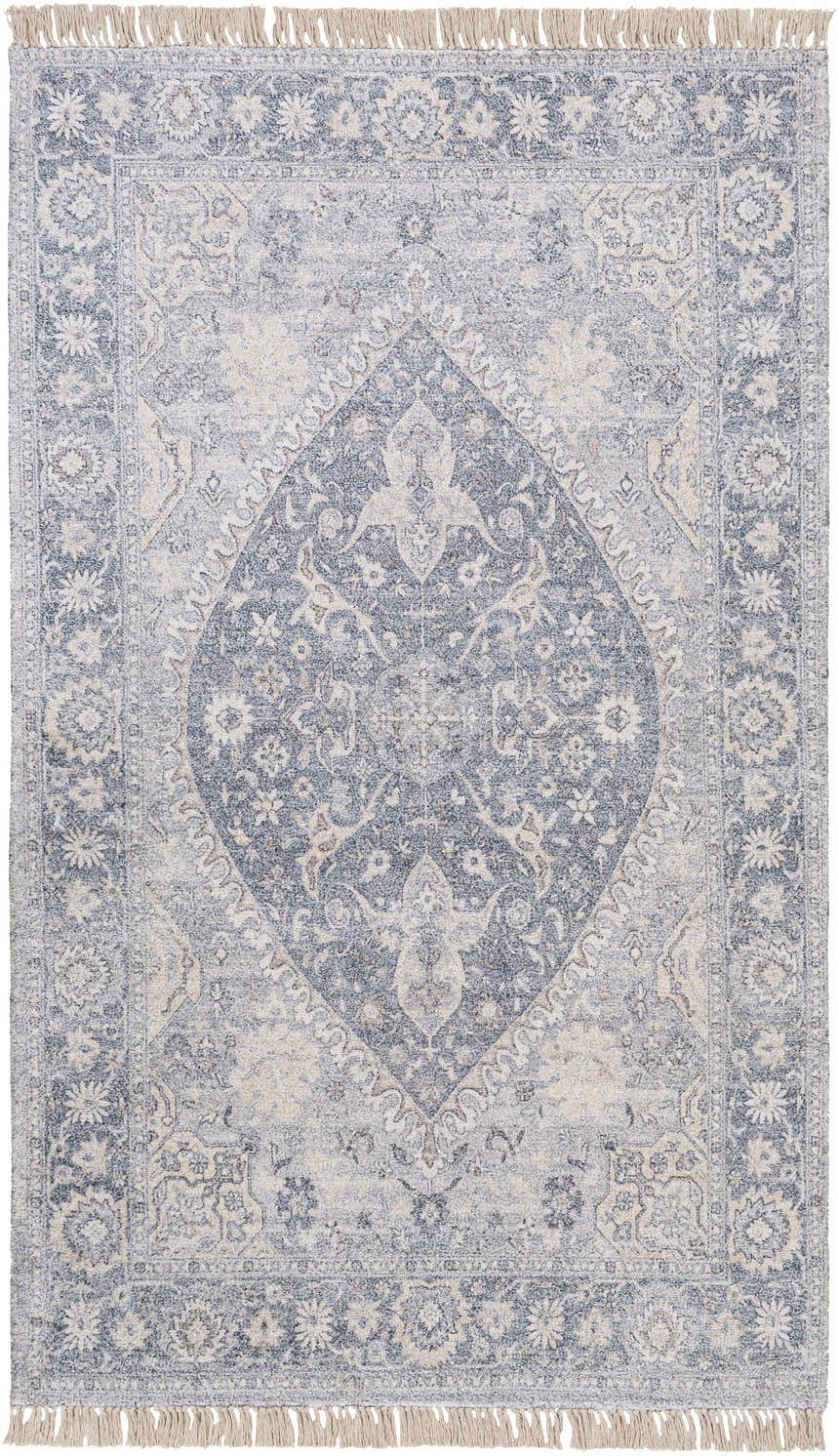 Close-up of the Laura Area Carpet. Hand-woven rug in beige, cream, and dark blue with a traditional, bohemian-inspired design. Design-Rectangle-576