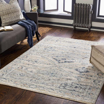 Living room scene with the Layhill Area Rug in cream, denim, and brick red. Gray sofa, dark wood floors, and natural light. Roomscene-Rectangle