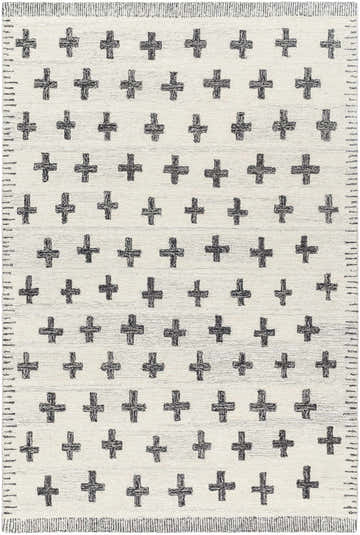 Close-up of the Lotta Light Silver Modern Wool Area Rug. Features a cross pattern in silver gray on an off-white background. Design-Rectangle-576