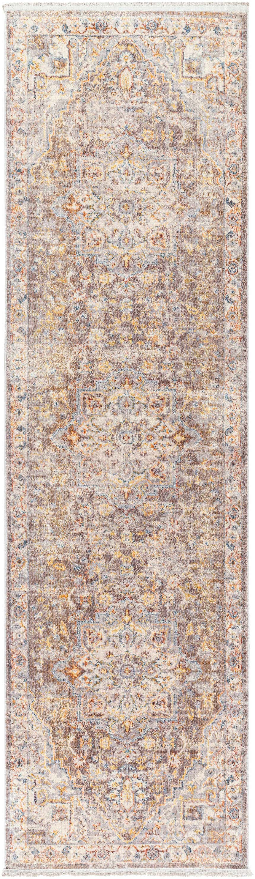 Close-up of the LeChee Area Rug. Bohemian style runner rug in brick red, burnt orange, cream, and gray tones. Design-Runner-279