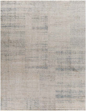 Close-up of Leechburg Luxe Fringe Rug. Cream, denim, and beige horizontal stripes with a subtle mid-century modern design. Design-Rectangle-710103