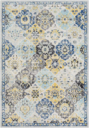 Detailed Leggett Hydrangea Area Rug. Bohemian style with floral motifs in navy, mustard, gray, black, and light beige. Design-Rectangle-5373