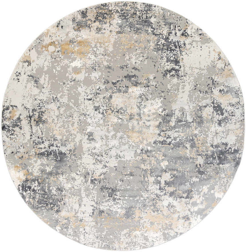 Round Lenzburg Faux Silk Abstract Rug with a contemporary charcoal, gray, and mustard pattern. Viscose texture. Design-Round-710