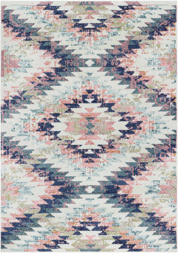 Close-up of the Lewisberry Area Rug. Bohemian style rug with aqua, navy, pink, and white geometric pattern. Design-Rectangle-5373