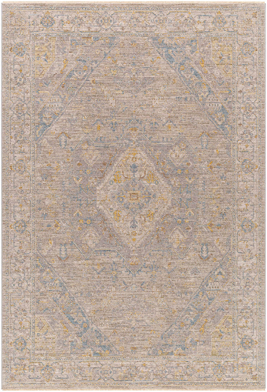 Close-up of Leya Thick Luxe Area Rug in charcoal, tan, and blue. Traditional, machine-woven design. Design-Rectangle-575