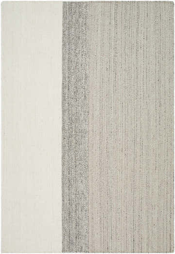 Close-up of the hand woven Lieve Area Rug, featuring ash, light silver, and silver gray stripes. 100% wool texture. Design-Rectangle-537