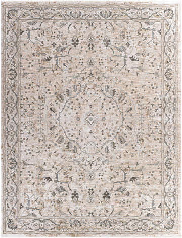 Close-up of the Laughlin Thick Luxe Boutique Rug. Beige rug with traditional floral and border pattern in sage, gray, and taupe. Design-Rectangle-710103