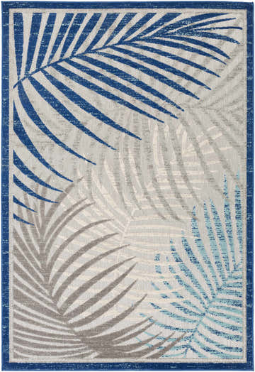 Close-up of the Liberal Area Rug featuring a blue, aqua, and gray palm leaf pattern on a cream background. Design-Rectangle-5373