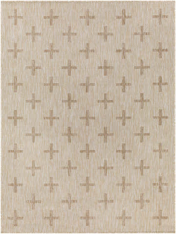 Close-up of the Limbo Beige Outdoor Area Rug. Features a geometric plus sign pattern in cream, tan, and brown hues. Design-Rectangle-537