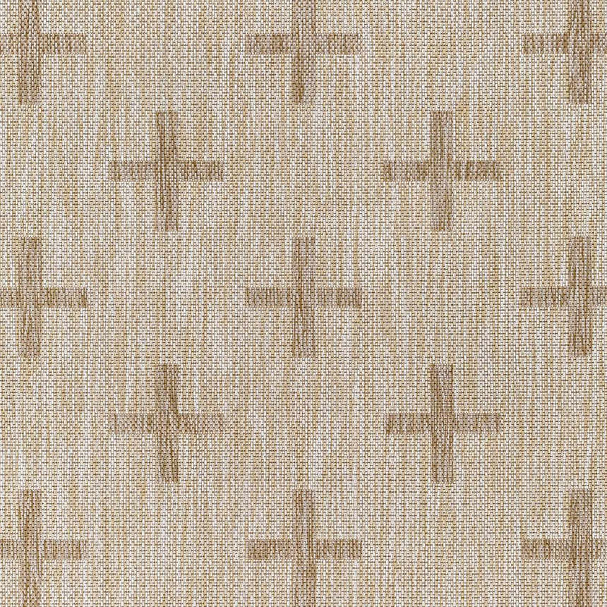 Close up of the Limbo Beige Outdoor Area Rug showing the geometric plus sign pattern and woven texture. Swatch