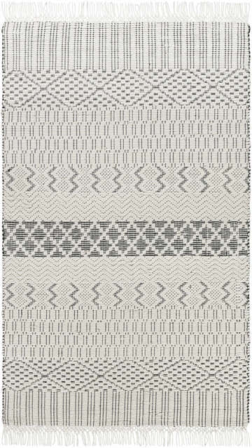 Close-up of the hand woven Limoges Area Carpet. Black geometric patterns on cream wool, with fringe. Contemporary style. Design-Rectangle-576