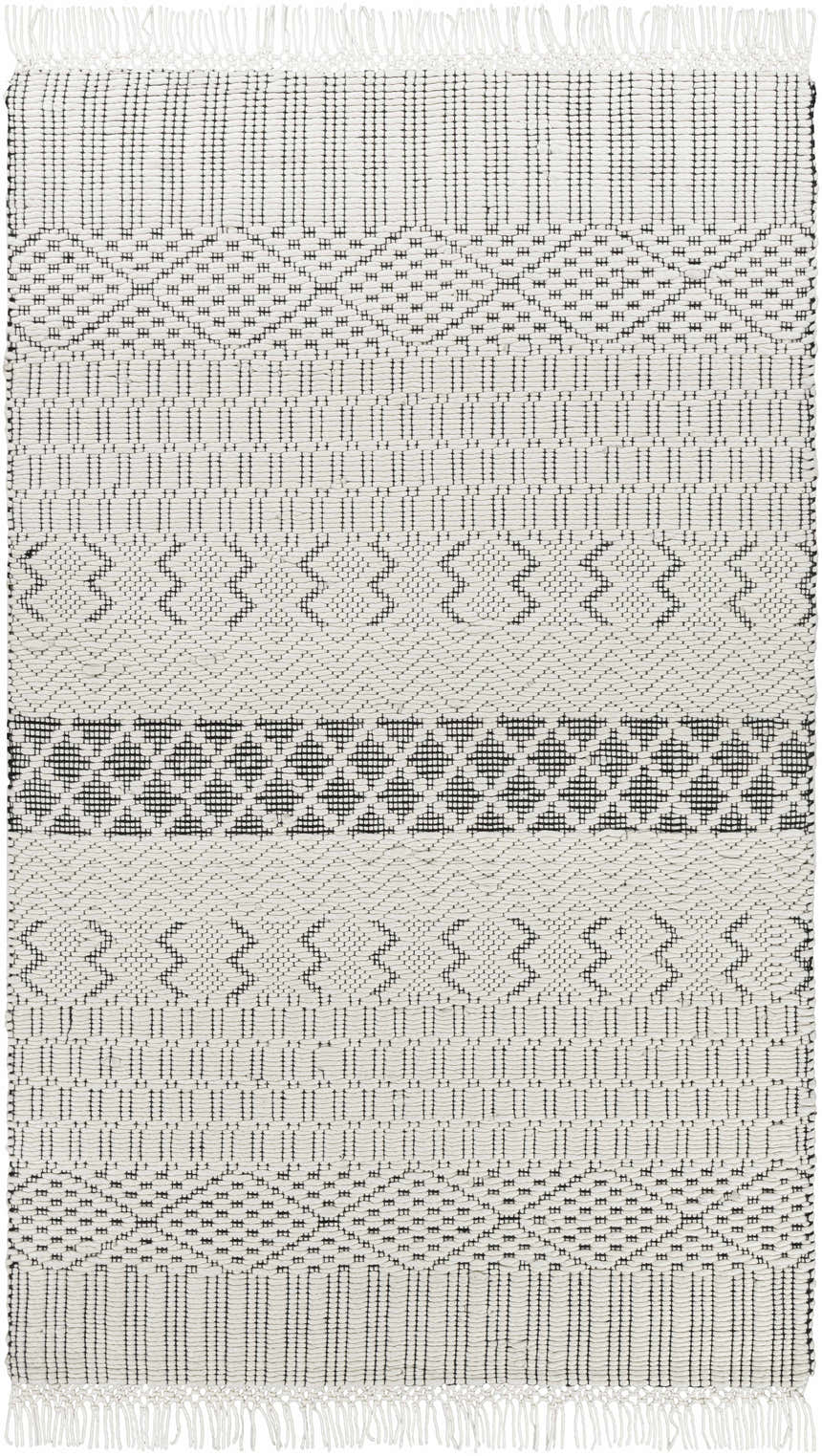 Close-up of the hand woven Limoges Area Carpet. Black geometric patterns on cream wool, with fringe. Contemporary style. Design-Rectangle-576