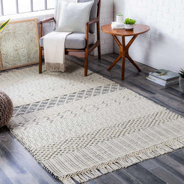 Living room scene with cream Limoges Area Carpet, gray chair, wood table, and neutral decor. Contemporary farmhouse style. Roomscene-Rectangle