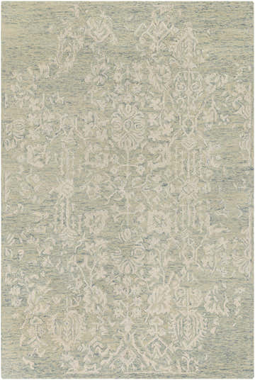 Close-up of the Linabuan Modern Wool Rug. Cream and light green rug with a traditional, hand-tufted pattern. Wool texture. Design-Rectangle-576