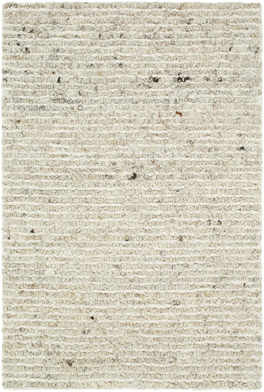 Close-up of the hand-tufted Winta Beige Wool Area Rug. Cream, ivory, and white wool rug with a subtle horizontal pattern. Design-Rectangle-23