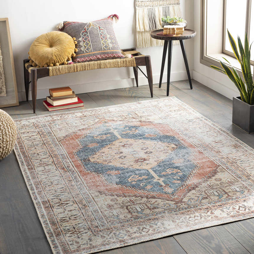 Bohemian-style room with Lake Area Rug in blue, coral, and tan. Bench with pillows, side table, and potted plant create a cozy vibe. Roomscene-Rectangle