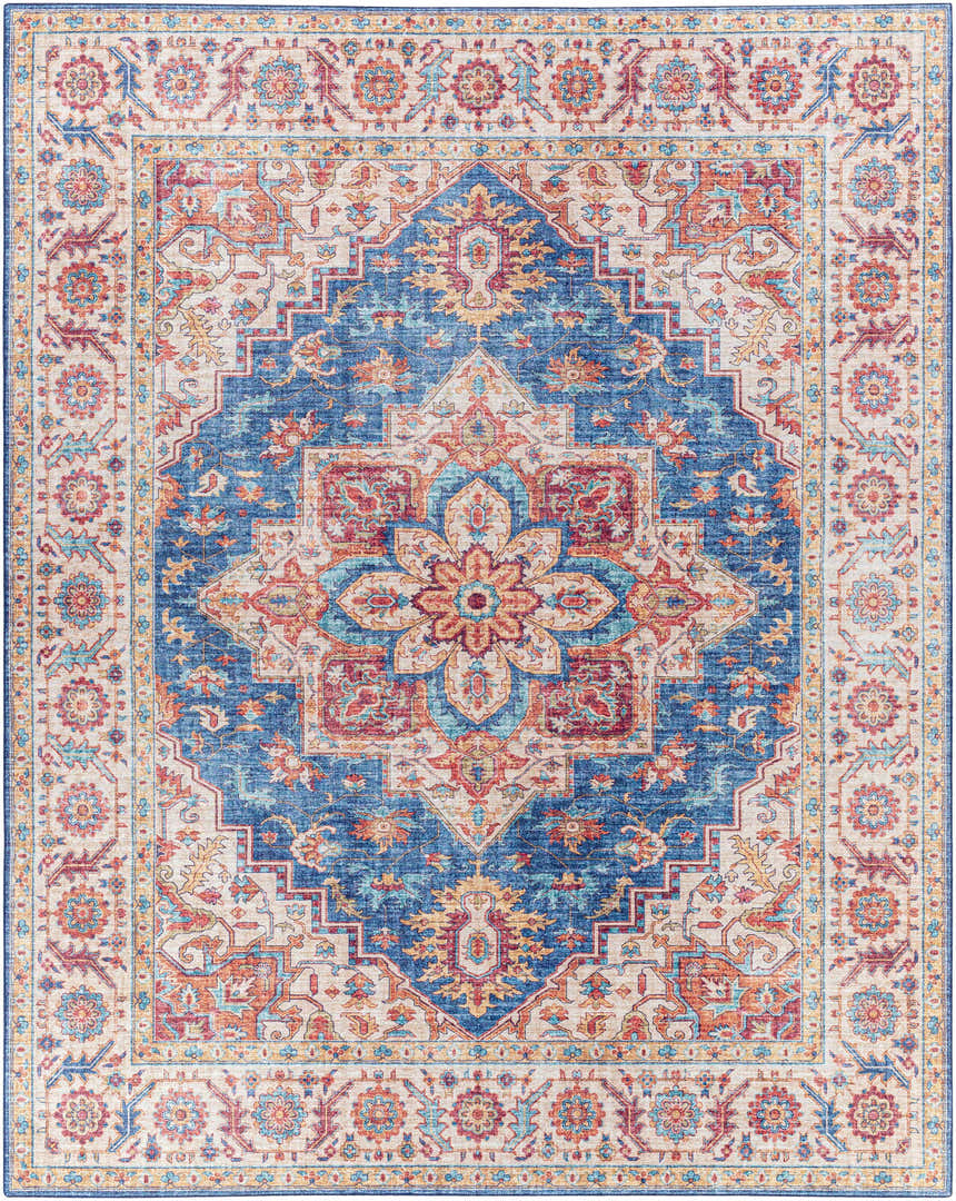 Detailed Kapaa Blue Medallion Rug with beige, burgundy, orange, and blue floral pattern. Traditional style. Design-Rectangle-7696