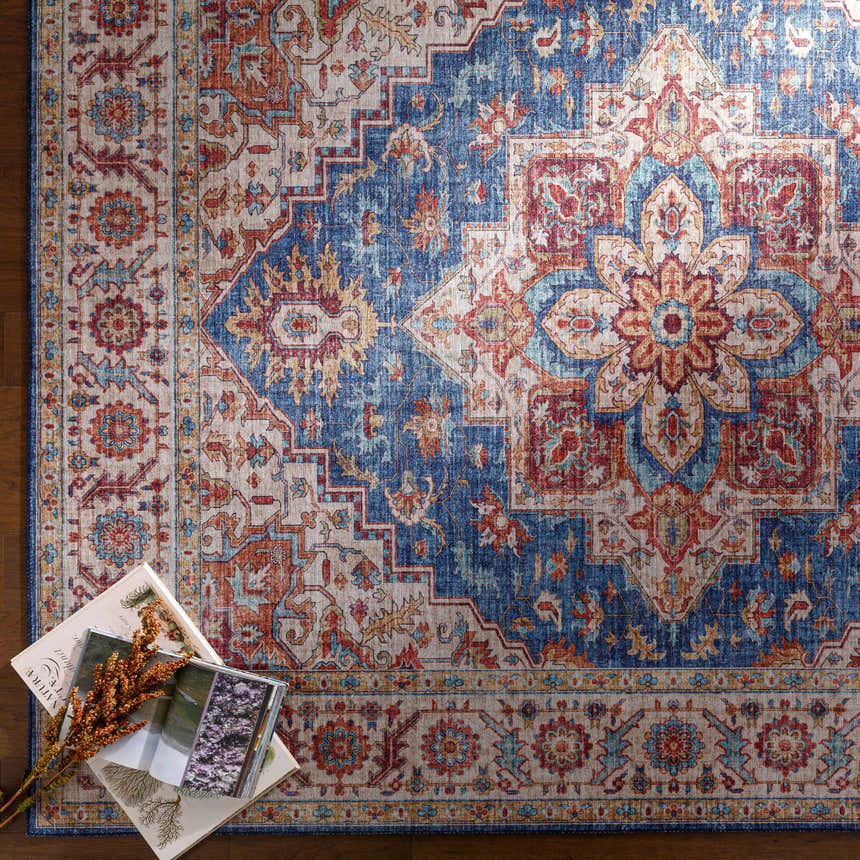 Close-up of the Kapaa Blue Medallion Rug, showcasing its traditional floral medallion pattern and rich beige, blue, and orange hues. Styleshot