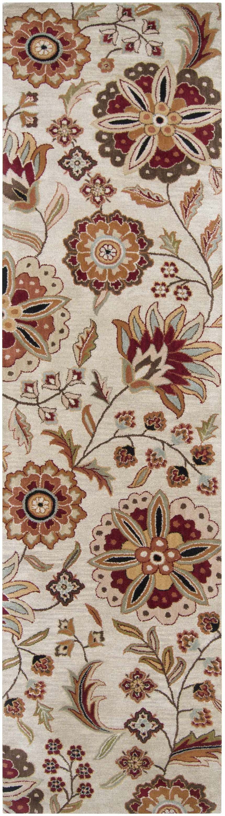 Close-up of Longford Beige Floral Hand Tufted Wool Carpet. Features burgundy, brown, and tan floral pattern on a beige background. Design-Runner-312