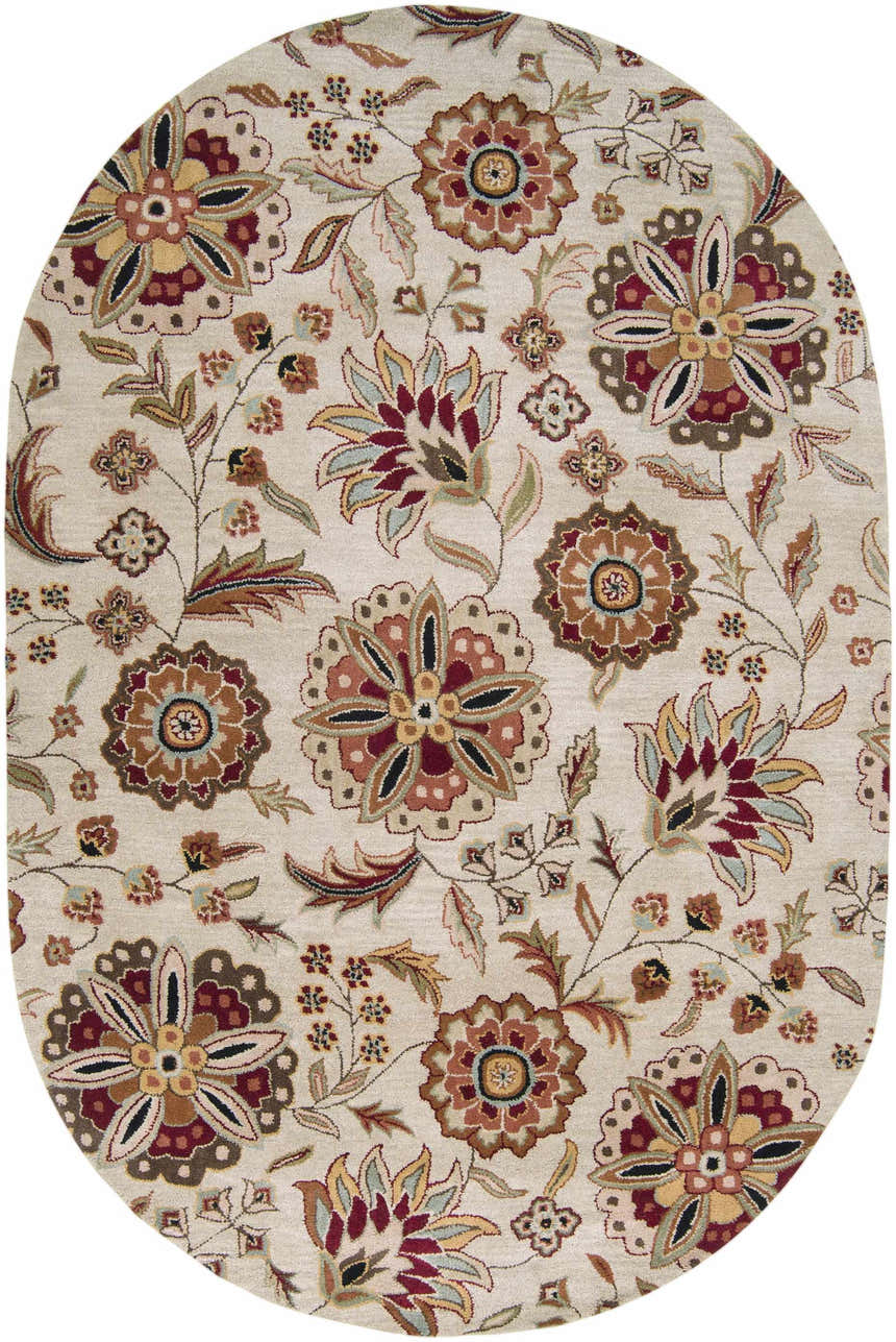 Close-up of the Longford Beige Floral Hand Tufted Wool Carpet. Oval rug with burgundy, brown, and tan floral pattern. Design-Oval-69