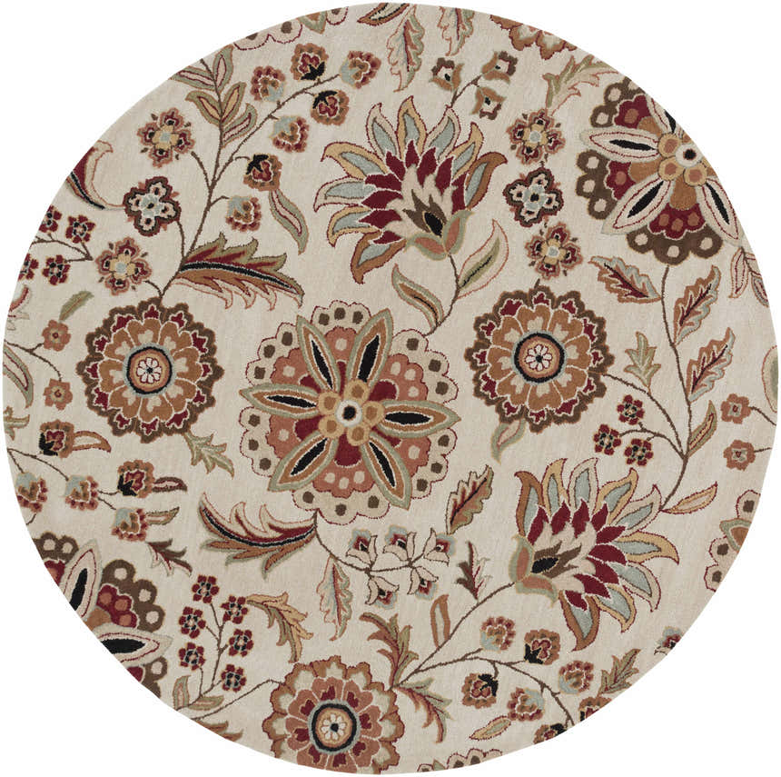 Close-up of the round Longford Beige Floral rug. Hand-tufted wool rug with a traditional floral pattern in burgundy, brown, and olive tones. Design-Round-6