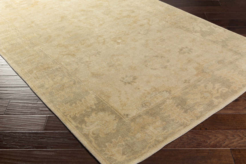 Close-up of the hand-knotted Longisland Clearance Rug. The rug is ice blue, light beige, and wheat, with a traditional pattern. Corner