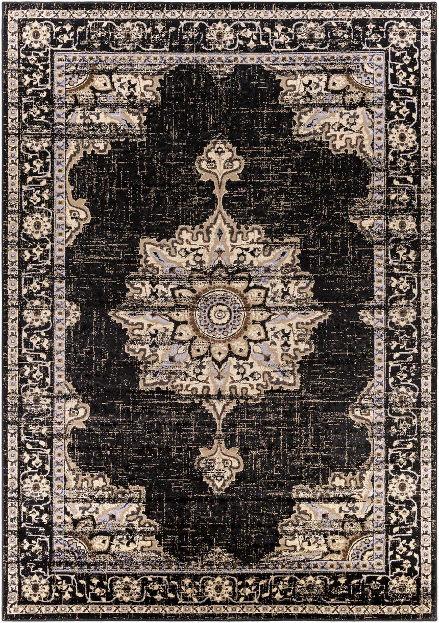 Lostwithiel Black Medallion Rug with a traditional, vintage design in black, beige, and charcoal colors. Design-Rectangle-79112