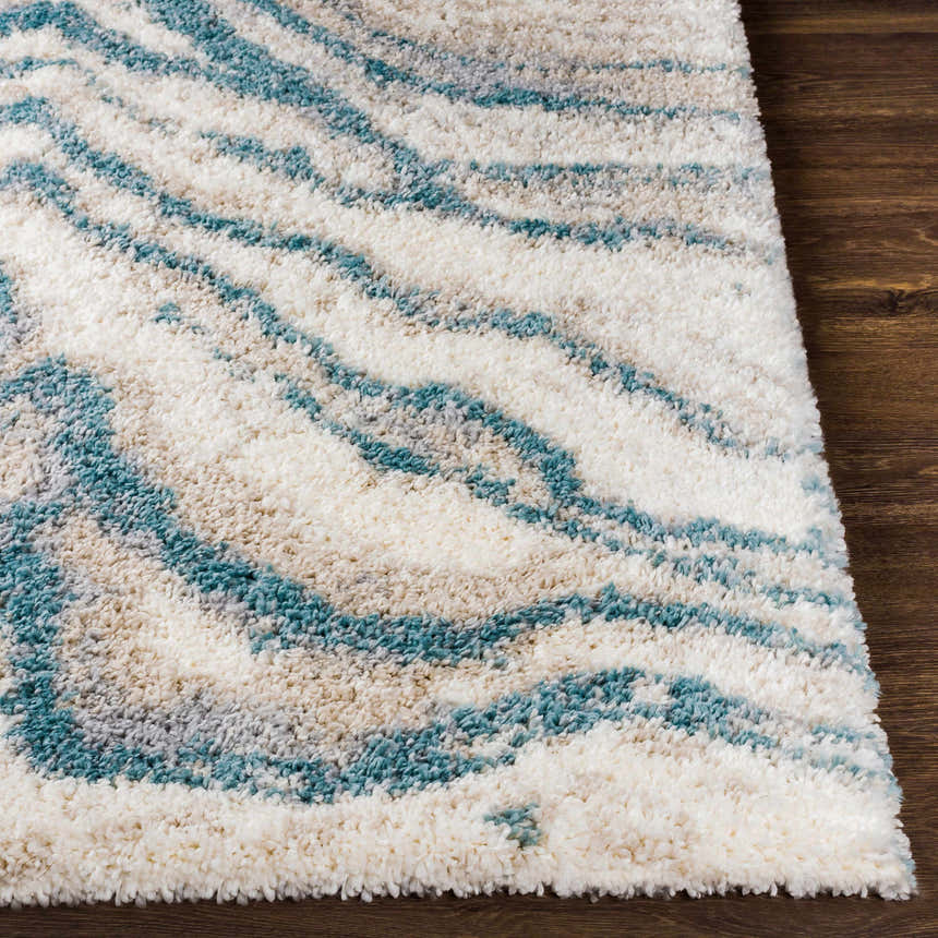 Close-up of the Lottery Area Rug. Shag rug with blue, cream, light beige, and light gray wavy pattern on dark wood floor. Front