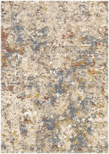 Close-up of the Rock Pattern Thick Area Rug. Features a contemporary design with blue, sage, gold, and tan tones. Design-Rectangle-5373