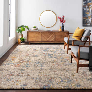 Living room with mid-century modern furniture and Rock Pattern Thick Area Rug in blue, sage, tan, and gold. Roomscene-Rectangle