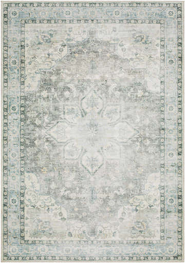 Close-up of the Lotan Green Medallion Washable Area Rug, featuring a traditional, faded green and gray floral pattern. Design-Rectangle-576