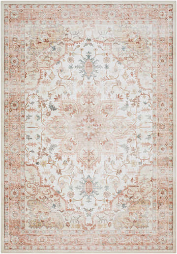 Close-up of the Lotan Pink Medallion Washable Area Rug, featuring light gray, sterling gray, and tan colors. Farmhouse style. Design-Rectangle-576