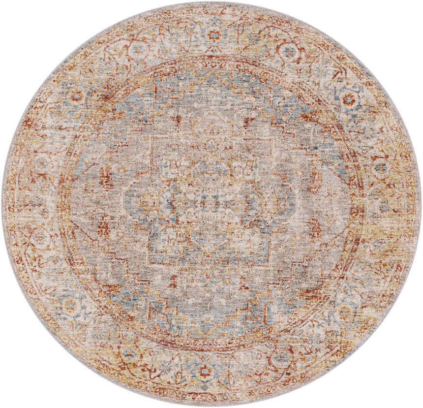Round Lumpkin Area Rug featuring a traditional oriental pattern in brick red, charcoal, light beige, and pale blue. Design-Round-53