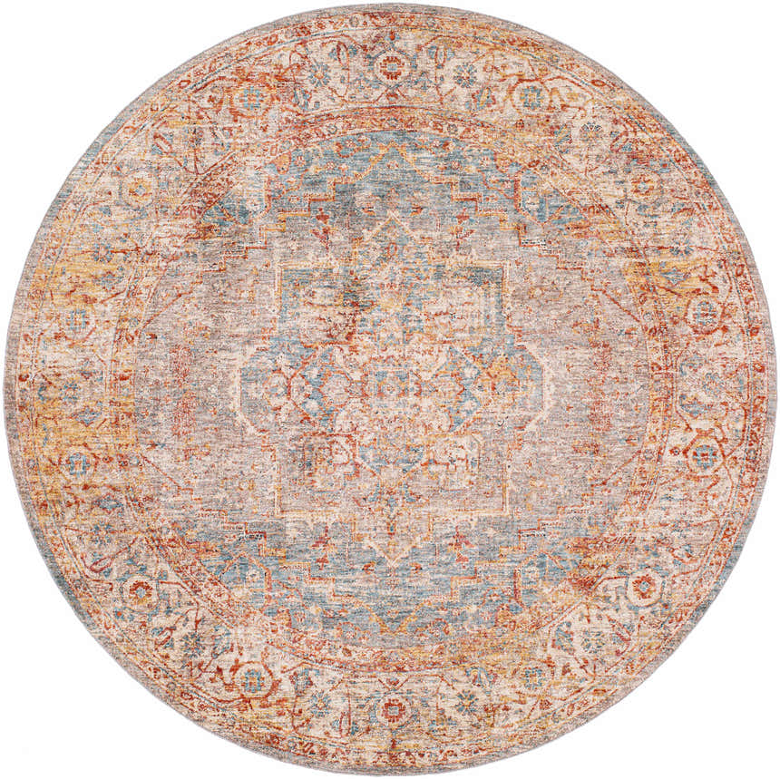 Round Lumpkin Area Rug featuring a traditional oriental design in brick red, charcoal, light beige, and teal. Design-Round-67
